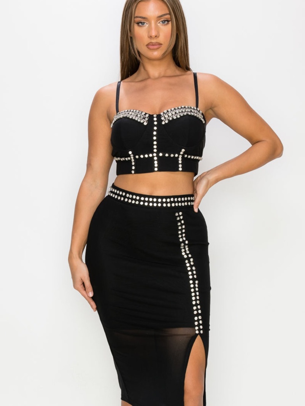 Black Crystal-Embellished Crop Top & High-Slit Skirt Set - Picture 2 of 8